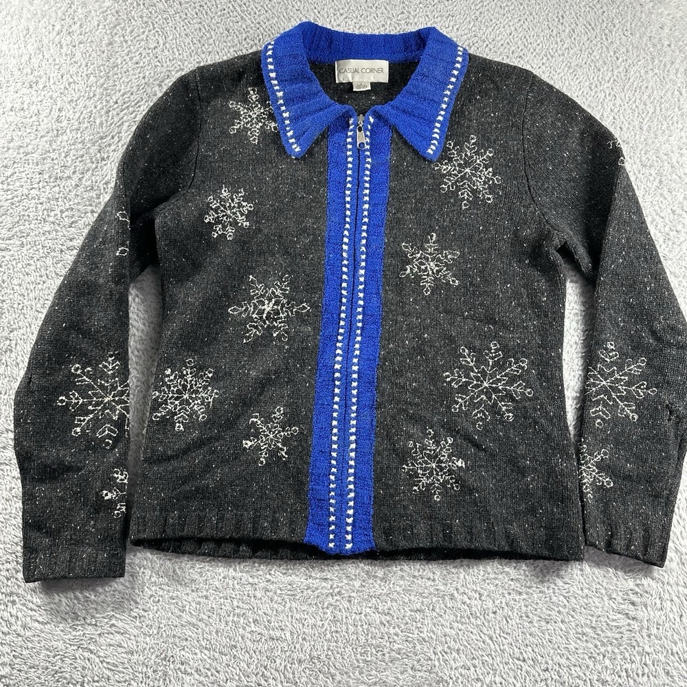 VINTAGE Wool Christmas Sweater Womens Small Gray‎ Full Zip Embroidered Stitched